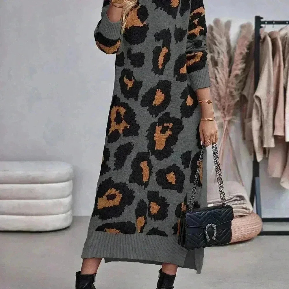 Multicolor Casual Women's Leopard Print Turtleneck Sweater Dress - Picture 5 of 6